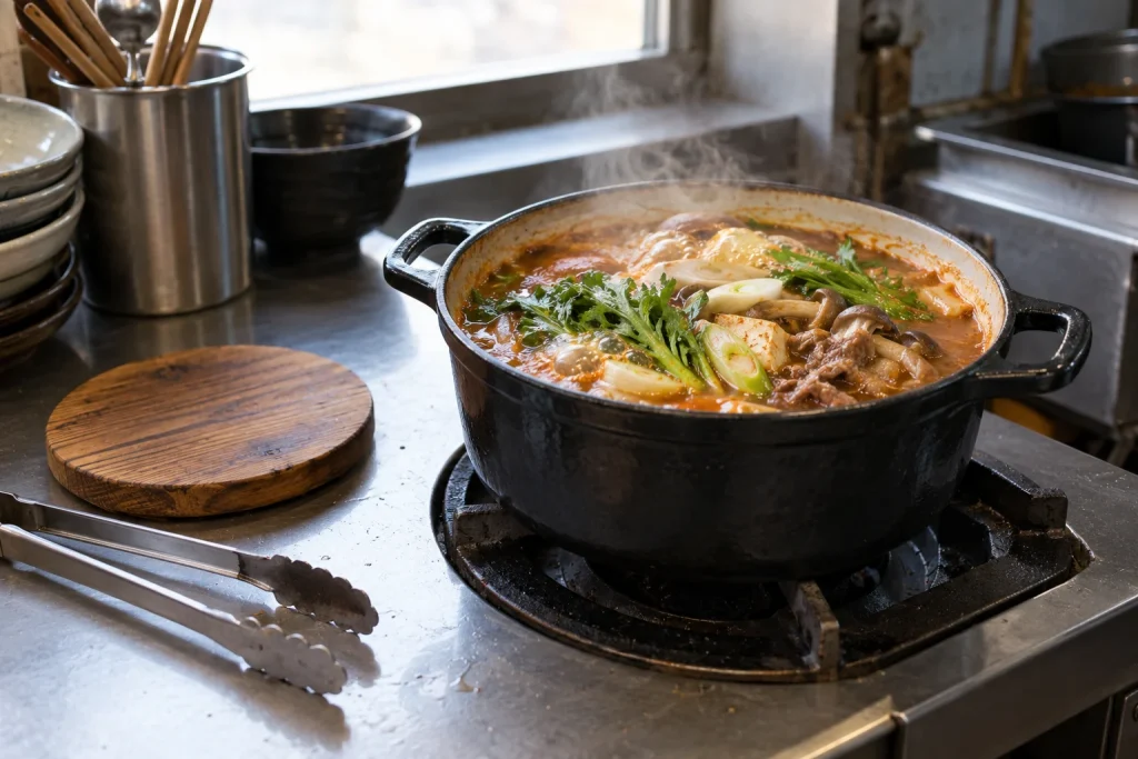 식당 주방에서 전골이 끓는 주철 법랑 냄비