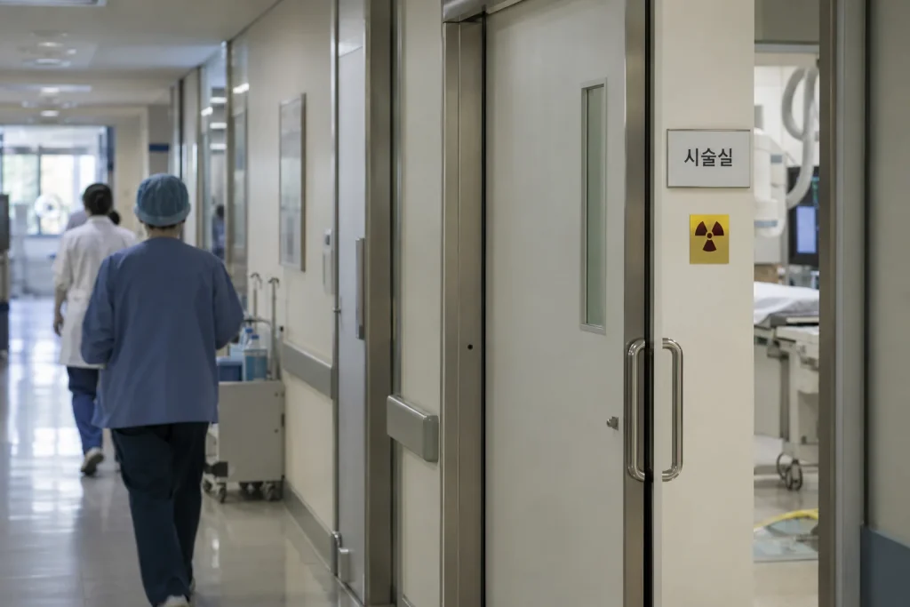 병원 혈관조영실 입구와 방사선 주의 표지