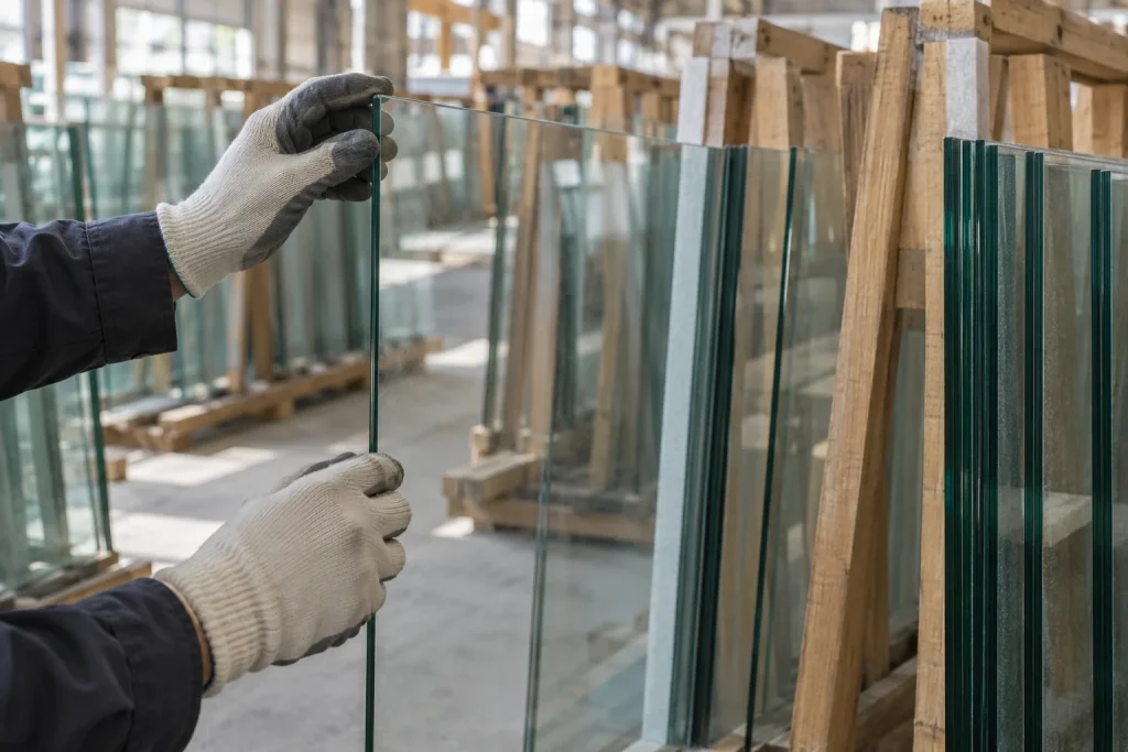 창고 거치대에 세워 보관된 얇은 판유리