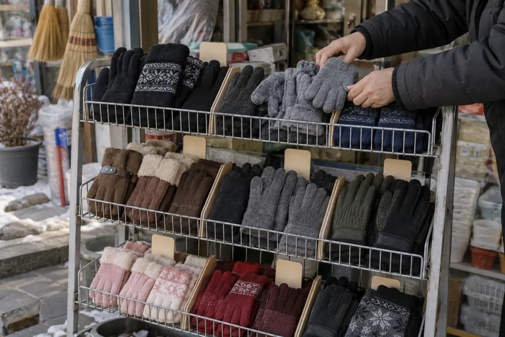 사이즈별로 정리된 매장 방한장갑 진열대